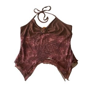ROMWE Brown Halter Top XL Size 12 Handkerchief Hem Stretch Y2K Style NWT